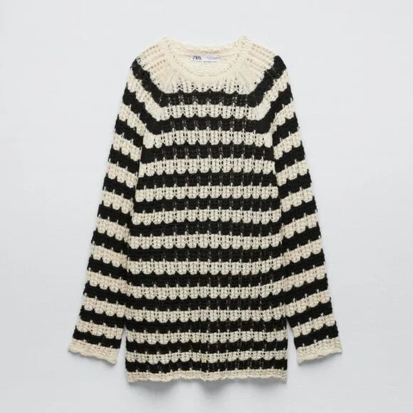 Black Cream Striped Pointelle Open Knit Long Sleeve Pullover Tunic Sweater (NWT) - Picture 4 of 7